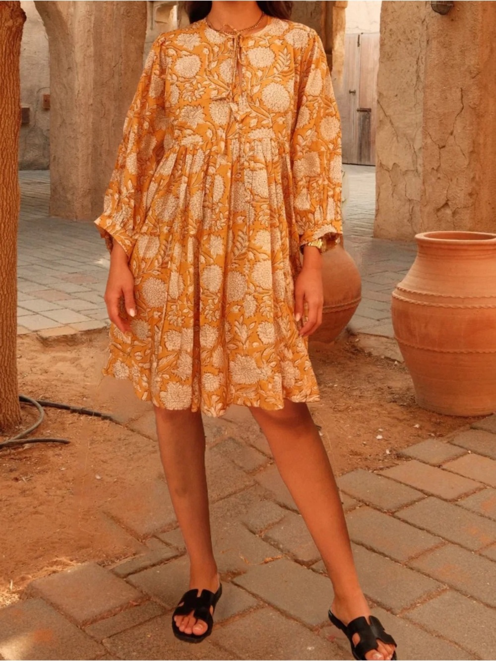 House of Sundar Maya Mini Dress Daffodil Floral Tie-Neck in Mustard Yellow Sz XL